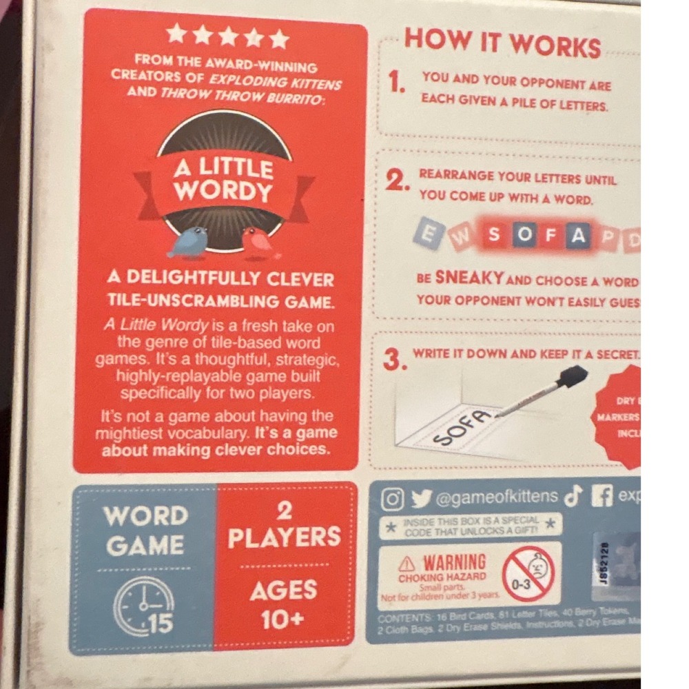 Exploding Kittens A Little Wordy Sneaky Two Player Tile Word Game Complete - Picture 4 of 11